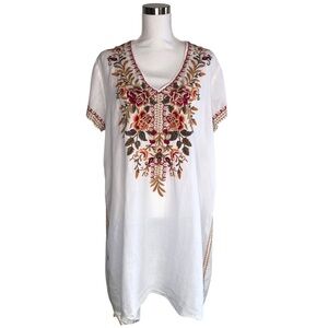 JOHNNY WAS WORKSHOP White Embroidered Tunic Mini Dress Size XL Boho Cotton